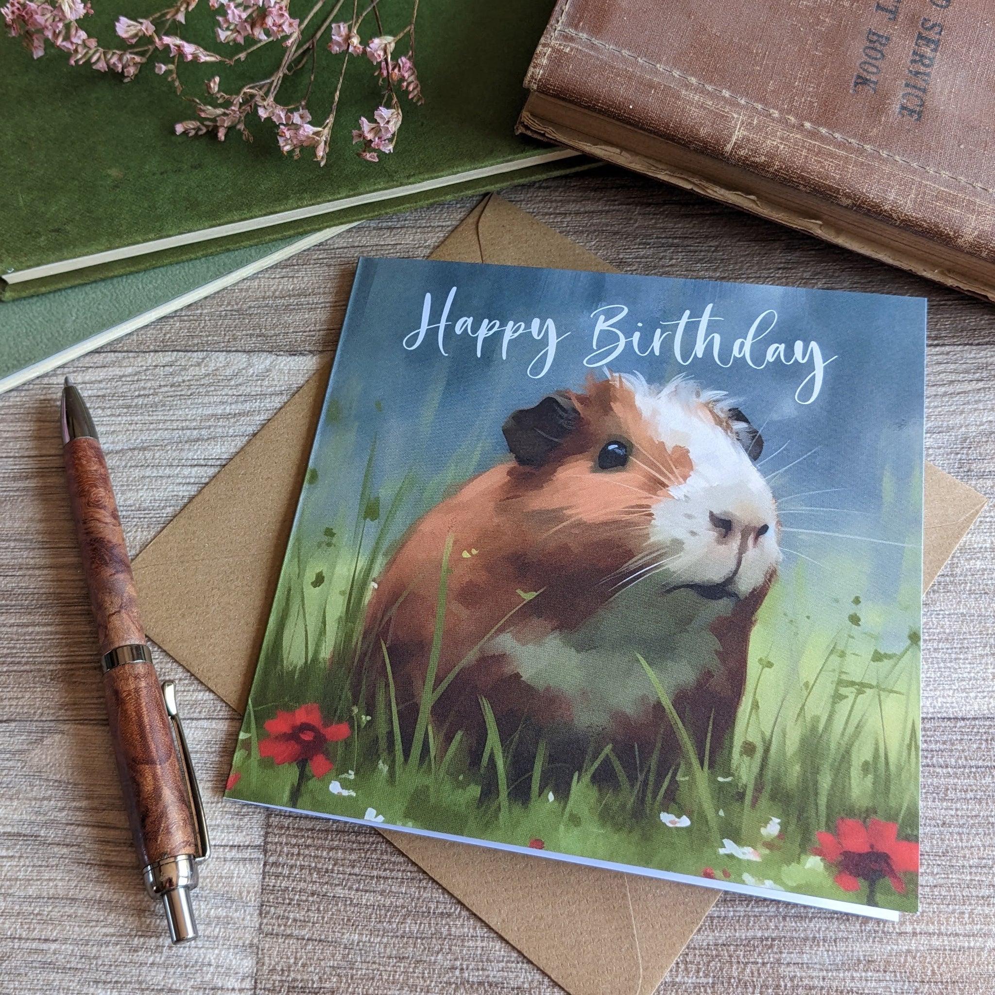 Guinea Pig Birthday Card (Red Flowers)