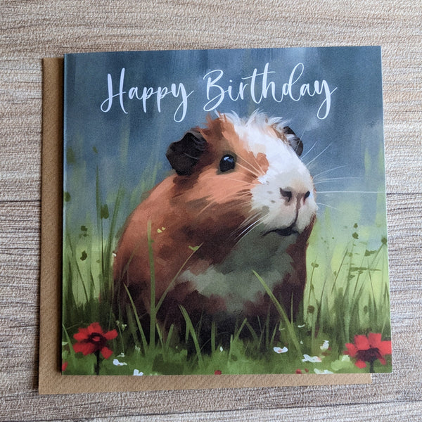 Guinea Pig Birthday Card (Red Flowers)