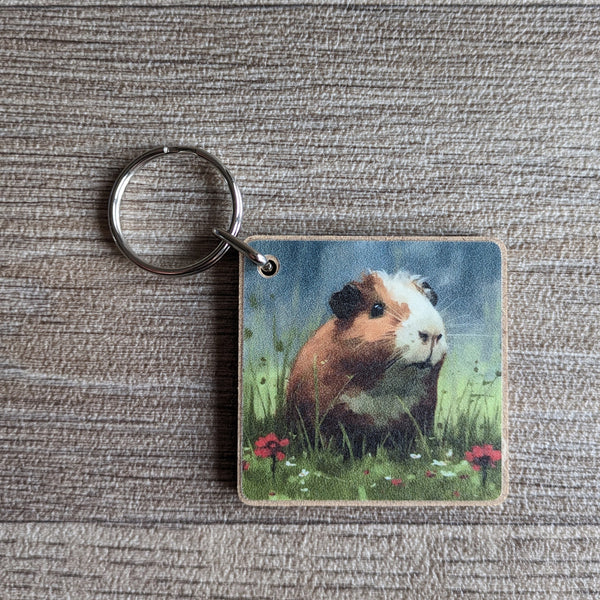 Guinea Pig Key Ring (Red Flowers)