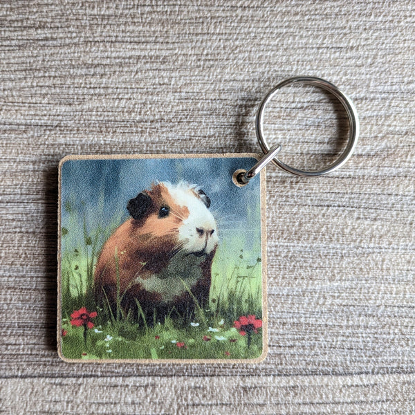 Guinea Pig Key Ring (Red Flowers)