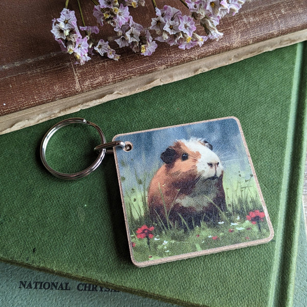 Guinea Pig Key Ring (Red Flowers)