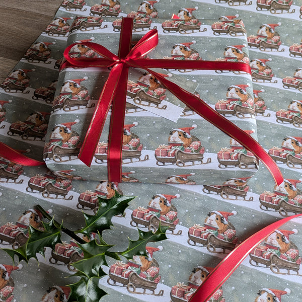 Guinea Pig Christmas Wrapping Paper and Gift Tag Set (Sleigh)