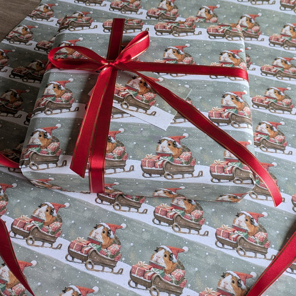 Guinea Pig Christmas Wrapping Paper and Gift Tag Set (Sleigh)
