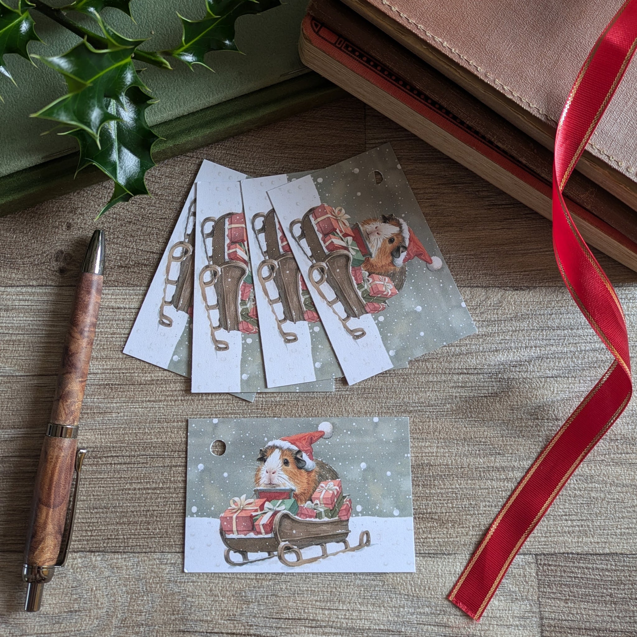 Pack of 5 Guinea Pig Christmas Gift Tags (Sleigh)