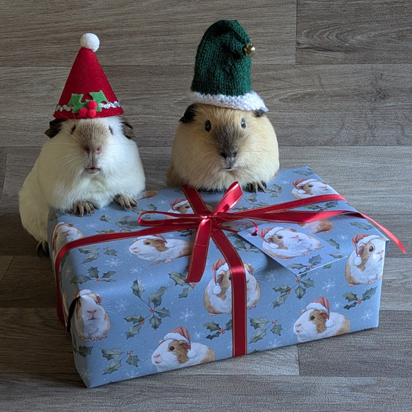 Guinea Pig Christmas Wrapping Paper and Gift Tag Set (Holly and Berries)