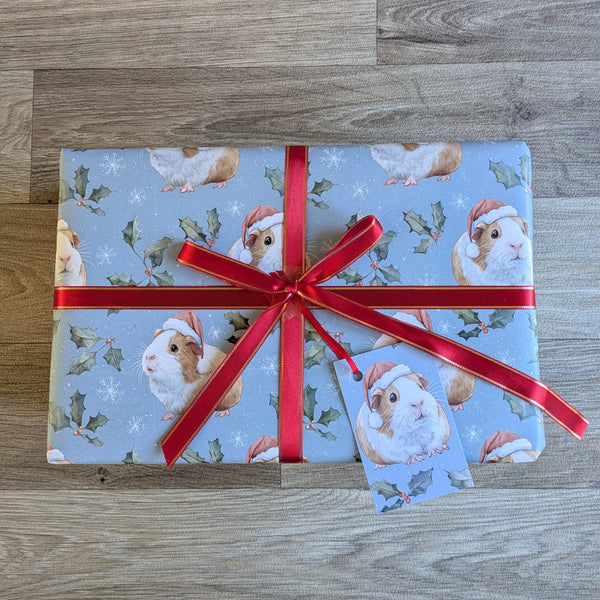 Guinea Pig Christmas Wrapping Paper and Gift Tag Set (Holly and Berries)
