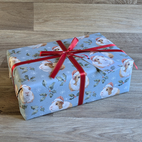 Guinea Pig Christmas Wrapping Paper and Gift Tag Set (Holly and Berries)