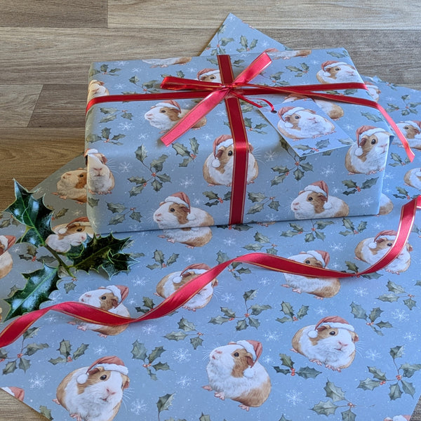 Guinea Pig Christmas Wrapping Paper and Gift Tag Set (Holly and Berries)