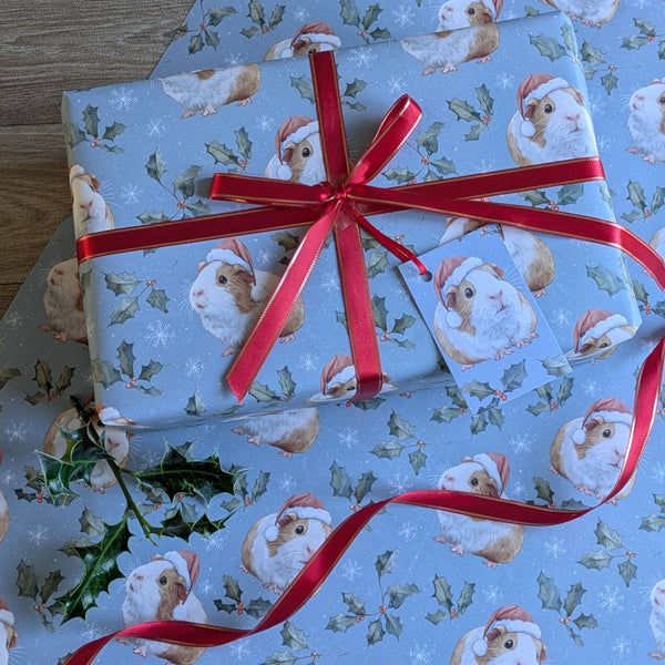 Guinea Pig Christmas Wrapping Paper and Gift Tag Set (Holly and Berries)