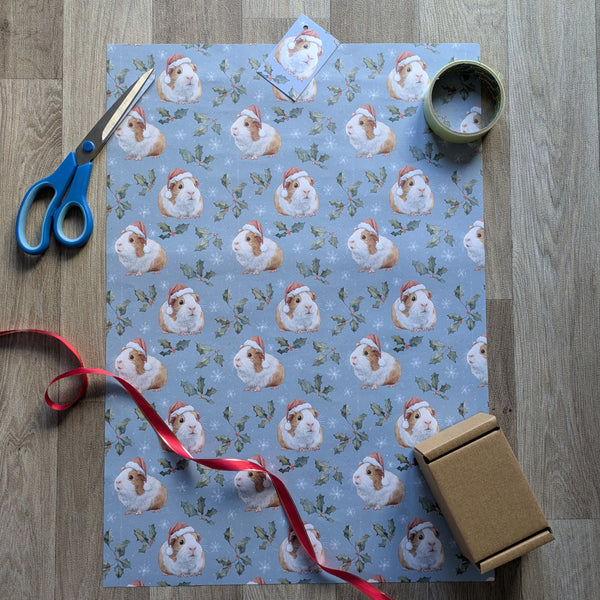 Guinea Pig Christmas Wrapping Paper and Gift Tag Set (Holly and Berries)
