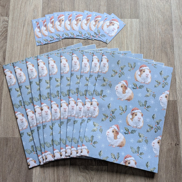 Guinea Pig Christmas Wrapping Paper and Gift Tag Set (Holly and Berries)