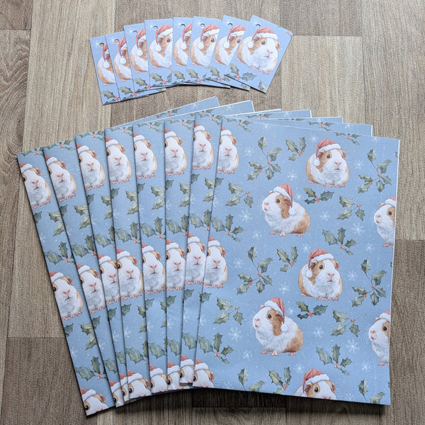 Guinea Pig Christmas Wrapping Paper and Gift Tag Set (Holly and Berries)