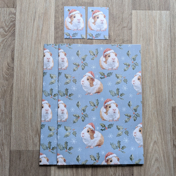 Guinea Pig Christmas Wrapping Paper and Gift Tag Set (Holly and Berries)
