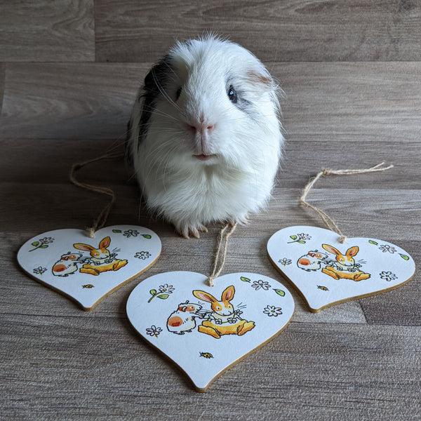 Wooden Rabbit and Guinea Pig Heart Decoration (Daisy Necklace)